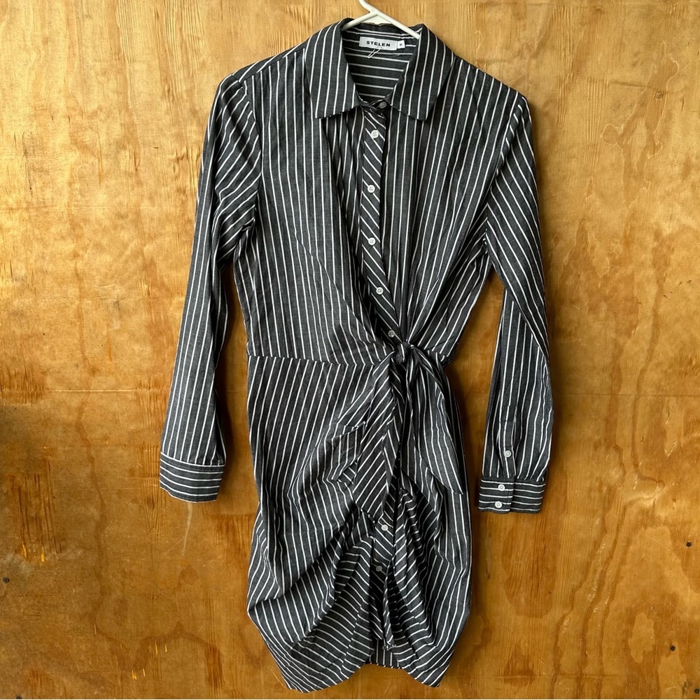 Stelen Assymetrical Tie Waist Shirt dress Long Sleeve Mini Striped